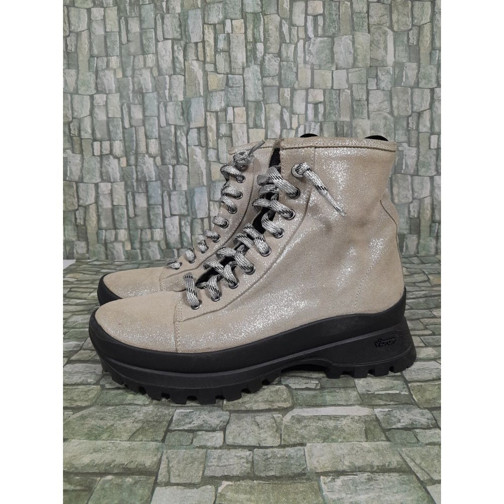P448 Boots‎ Womens 38 Beige Glitter Vibram Sole Chunky Military Lace Up